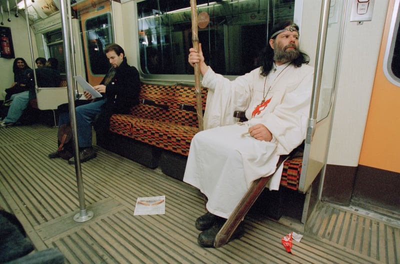 British eco-warrior and druid King Arthur Uther Pendragon travels on the London Underground, March 1996. He was born John Timothy Rothwell. (Photo by Peter Macdiarmid/Getty Images)