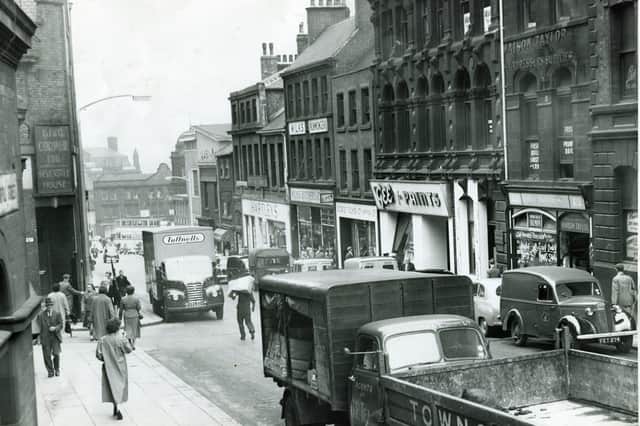 Shops on Norfolk Street, Sheffield city centre, in August 1957