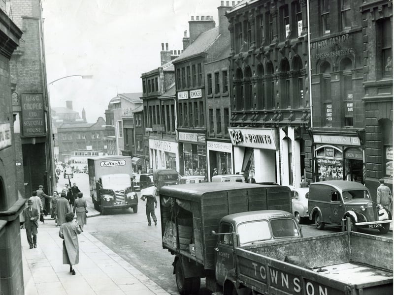 Shops on Norfolk Street, Sheffield city centre, in August 1957