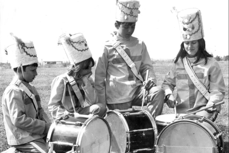 Drummers of Hebburn Crusaders Jazz Band practice before the jazz band carnival at Hebburn Civic Centre. Remember this from 1971?
