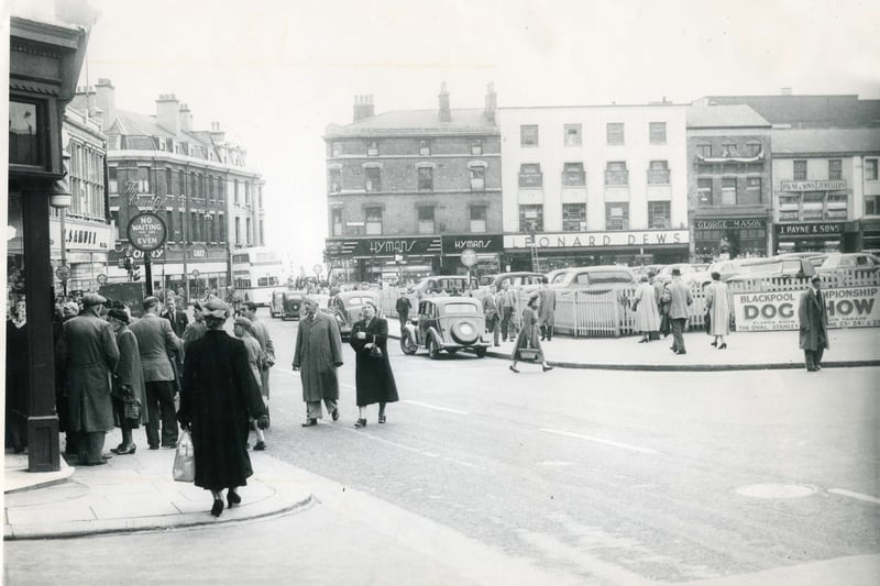 View from the Grand Theatre Door in 1952 looking towards the jewellers shops on Market Street from Church Street. County Hotel in the distance on the left