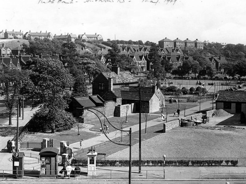 Firth Park, viewed from Hucklow Road, in May 1949, showing the entrance, bowling green, tennis courts and Firth Park Road