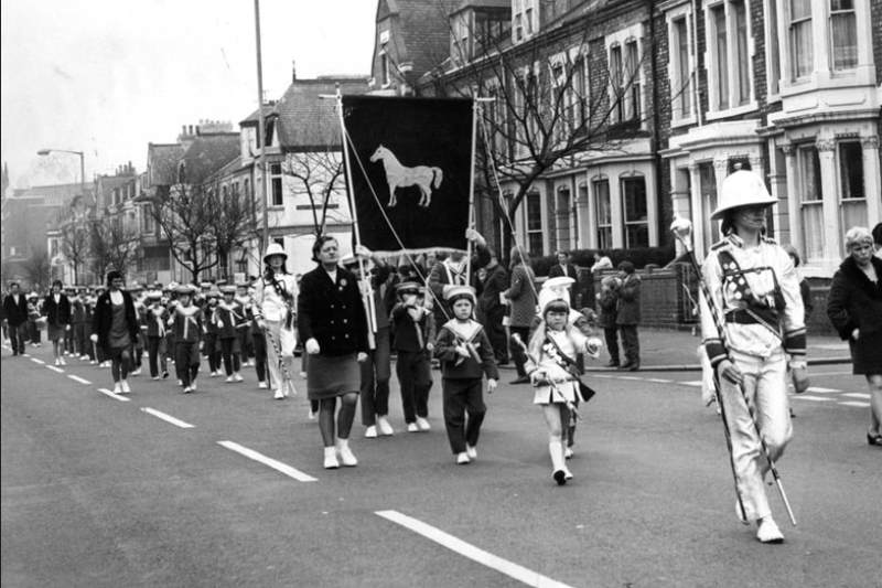 Cleadon Marines Band leading the parade of jazz bands along Ocean Road to the carnival at Bents Park in April 1971. Remember this?