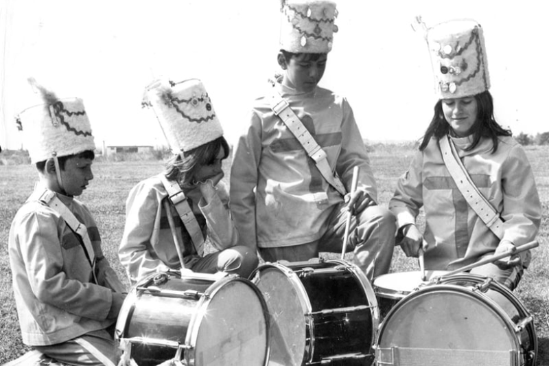 Drummers of Hebburn Crusaders Jazz Band practice before the jazz band carnival at Hebburn Civic Centre in 1971. 