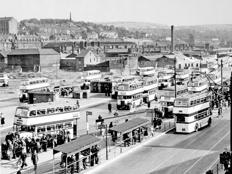 Pond Street Bus Station, Sheffield, looking towards Park District, Harmer Lane and Midland Station, in 1955