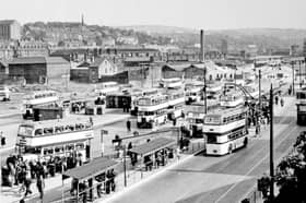 Pond Street Bus Station, Sheffield, looking towards Park District, Harmer Lane and Midland Station, in 1955