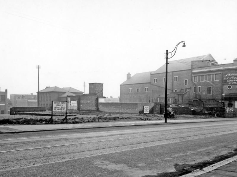 The Moor, Sheffield city centre, in 1949, showing an area which was cleared after the Blitz, with the former Central Picture House, then owned by John Atkinson, and Tuckwood's in the background