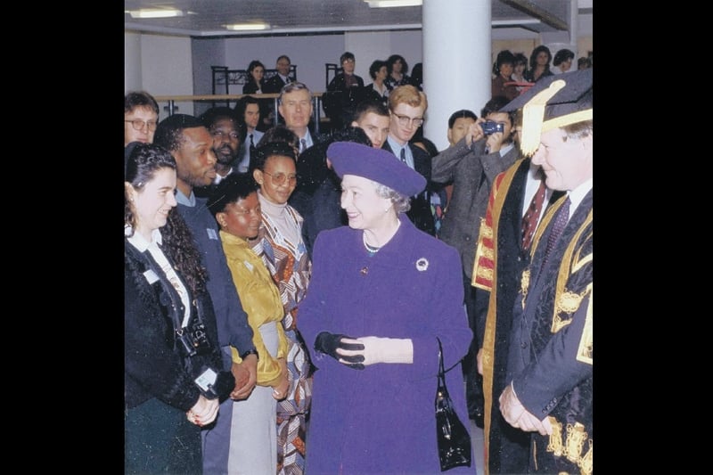 Queen Elizabeth II visits the opening of Sheffield Hallam University's £27m campus in 1994.