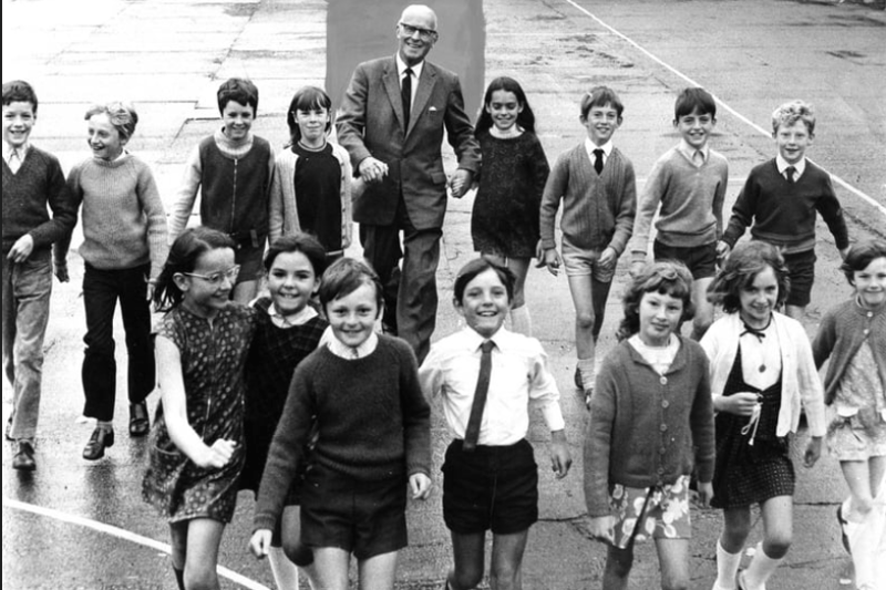Pupils of Cleadon Park Junior School with their headmaster Philip Ward, who retired after 15 years at the school in 1971.