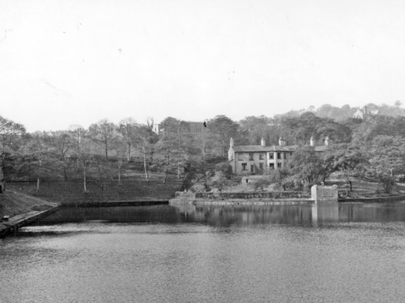 Crookes Old Great Dam and Dam House, with preliminary work in progress, in October 1950