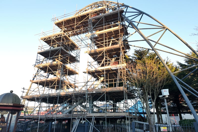 The Revolution at Blackpool Pleasure Beach is supported with scaffolding as maintenance work is carried out.