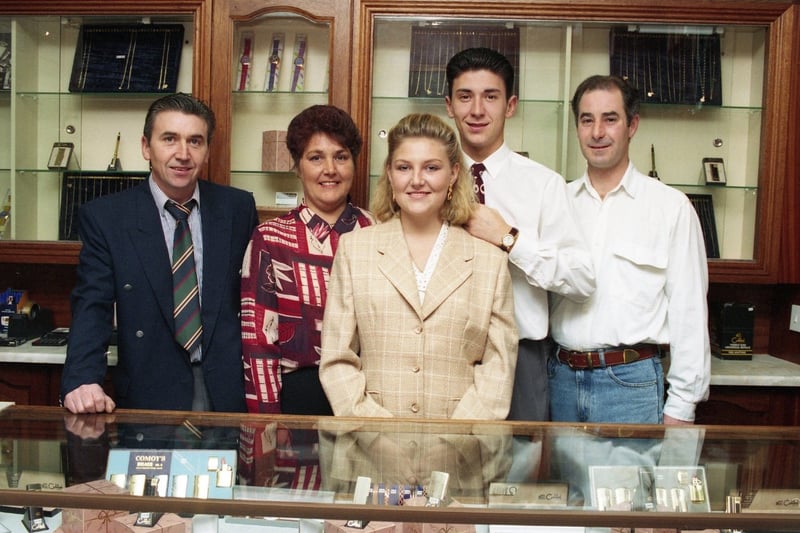 Staff at the new shop in Waterloo Place in 1993., 
Pictured from left: owner Harry Collinson, Sandra Collinson, Rachael Collinson, Harry Collinson junior and Phil Hendry.