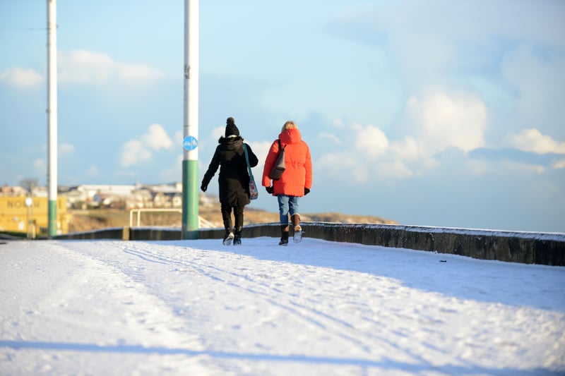 People walking in the snow at Roker. 