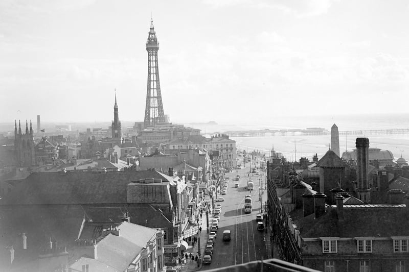 A view of Blackpool Tower looking south from the roof of the Regent Court flats in 1963