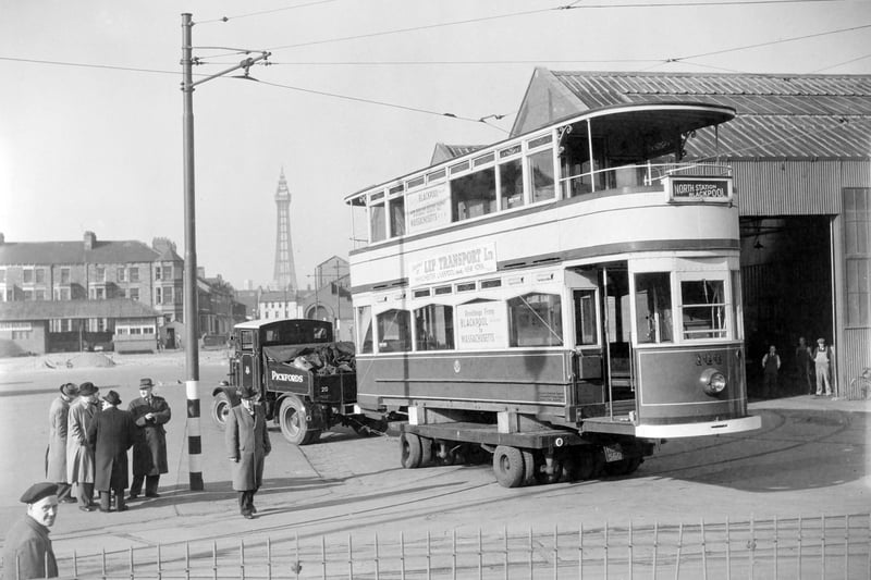 This Marton double decker tram No 144 starts it's long journey to Boston as a gift from Blackpool Corporation to the New England Electrical Tramway Historical Society museum in March 1955