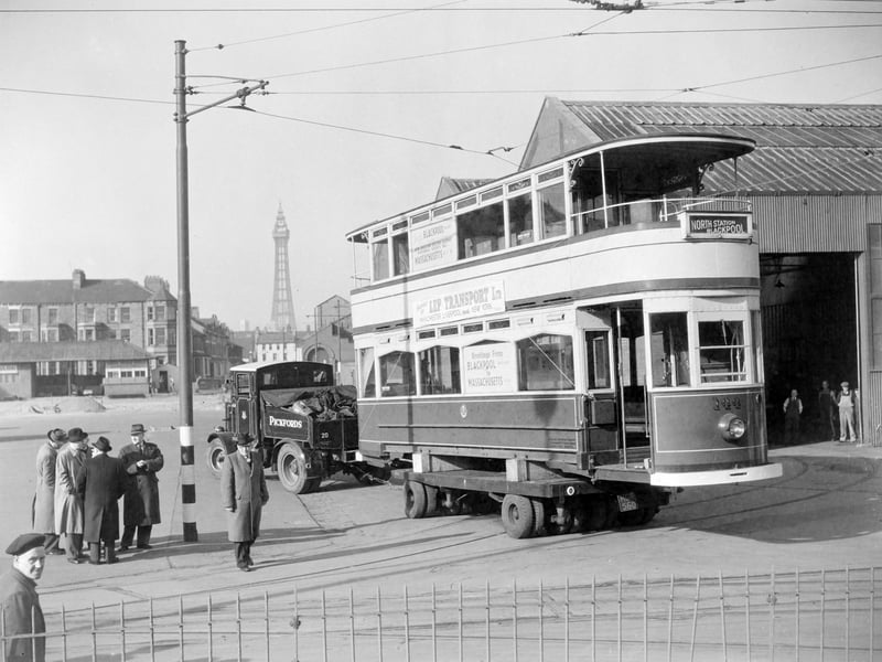 This Marton double decker tram No 144 starts it's long journey to Boston as a gift from Blackpool Corporation to the New England Electrical Tramway Historical Society museum in March 1955