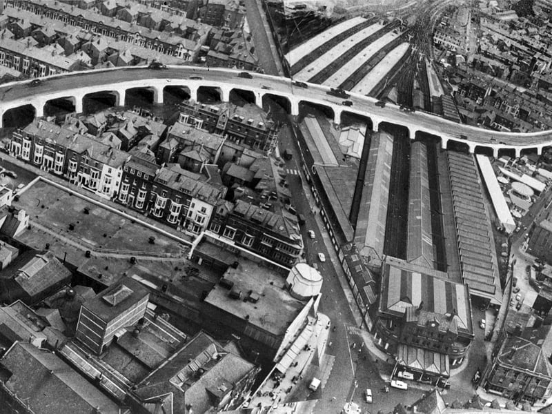 1960s artist's impression of a proposed fly over road superimposed on a view of the Central Station area of Blackpool seen from the top of the Tower. Part of the Central Station area development scheme