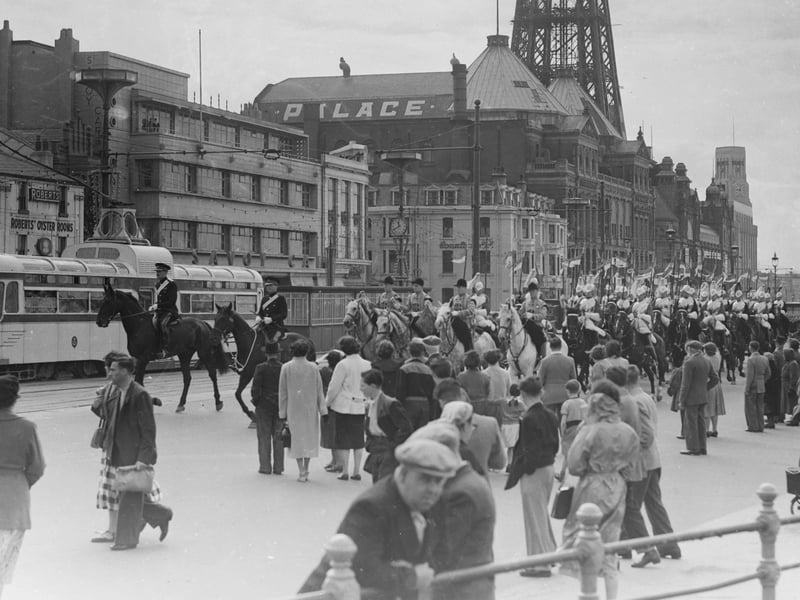 The Household Cavalry, in town for the Royal Lancashire Show, parade along Blackpool Promenade, 1954