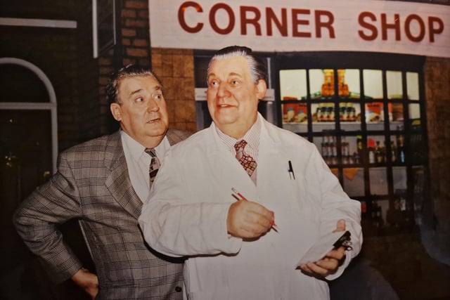 Alf Roberts, played by Brian Mosley, meets 'himself' at the World of Coronation Street in 1996 Photo: National World