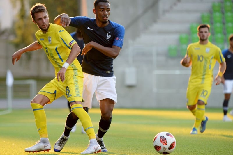 The striker battles for France U19 squad against Ukraine.