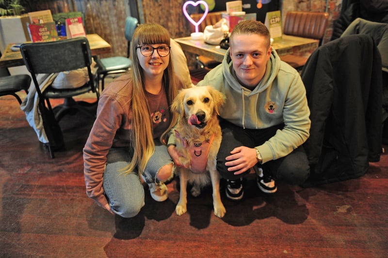 Sean and Emma Bowerschilling with Sonny at the POP + BARK Labrador Cafe.