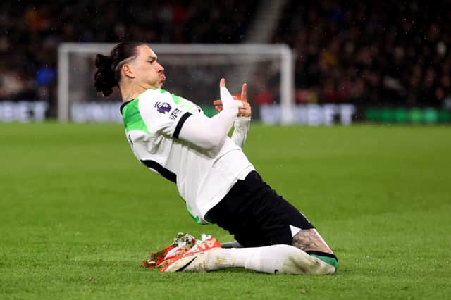 Darwin Nunez of Liverpool celebrates scoring his team's first goal during the Premier League match between AFC Bournemouth and Liverpool FC at Vitality Stadium on January 21, 2024 in Bournemouth, England. (Photo by Ryan Pierse/Getty Images)