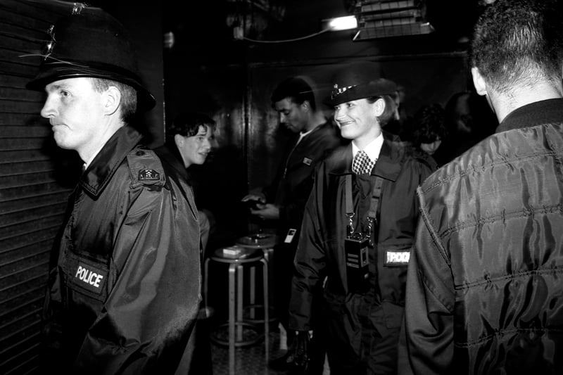 Police patrol the Hacienda due to the rise in the drug and gang related incidents, early 1990s. 