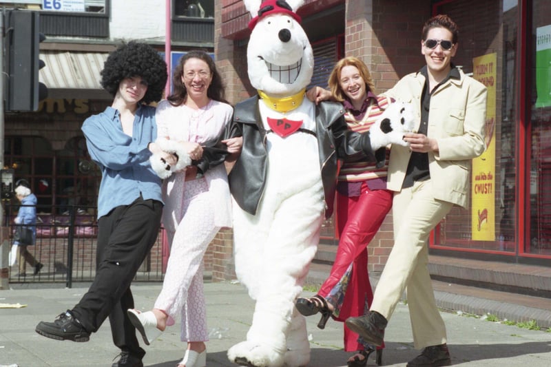 Pizza Hut, in Waterloo Place, hosted a 70s night to raise funds for the NSPCC in 1998.
Pictured left to right with Pizza Pooch were Mark Cain, Emma Gordon, Helen Errington, and Jonny Burke.