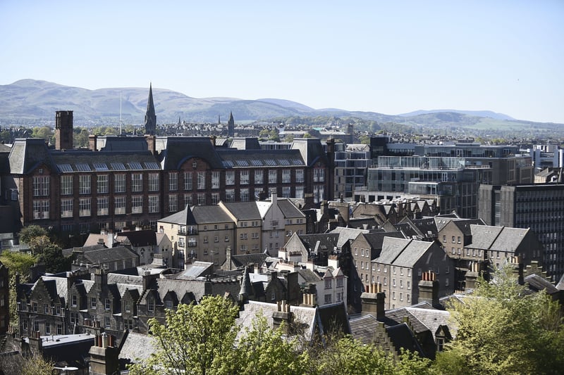 An aerial photo taken in April, 2020, showing the Grassmarket from Edinburgh Castle.