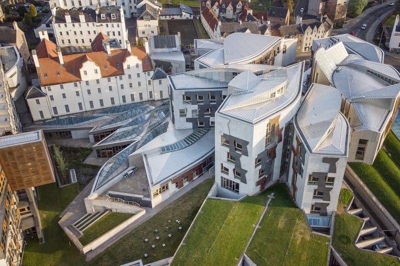 The Scottish Parliament building at Holyrood in Edinburgh, which provides accommodation for 129 members, their researchers and parliamentary staff. This aerial photo was taken in April, 2021.
