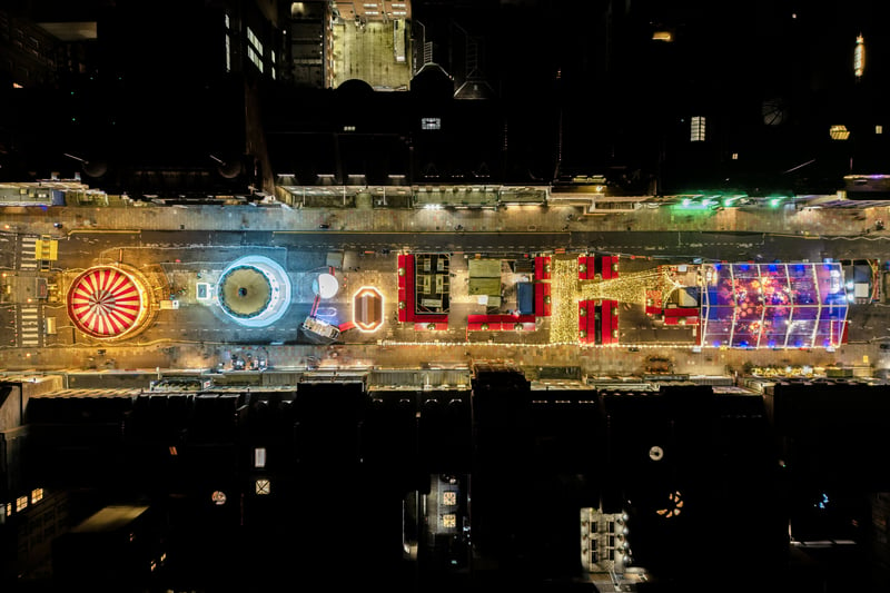 An aerial shot of Edinburgh's Christmas activities on George Street, taken on November 20 2023 with a drone camera. 