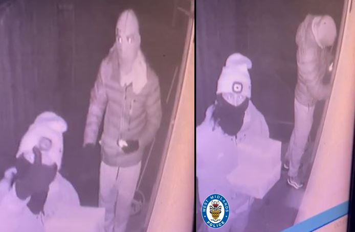 WMP statement: "Do you recognise these two men? 
We would like to speak to them following four burglaries on West Boulevard and a nearby road in Quinton. Offenders struck around 6am on December 20 where Christmas presents were stolen from one home and bank cards and purses from other addresses.
One of the men we would like to speak to is pictured giving a thumbs up to the camera outside an address.
We are keen to find these two men and would urge people with information to contact us via Live Chat on our website or by calling 101 quoting crime number 20/1072495/23."
