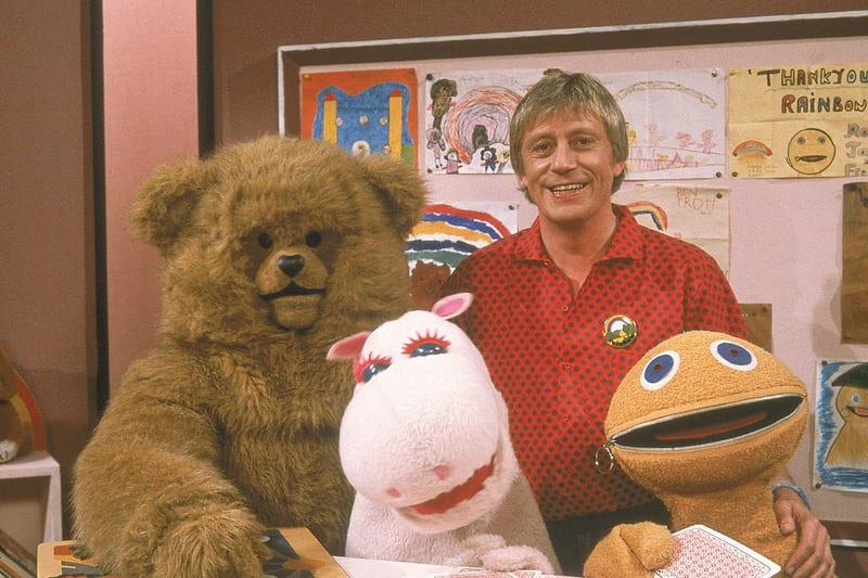 Undated photo from classic children's  show Rainbow. Pictured: (l-r) Geroge, Geoffrey Hayes, Zippy, and Bungle