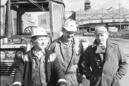  Derek Young, Ray Moreton and Bill Mason - the last of the miners at Herrington pit in March 1986.