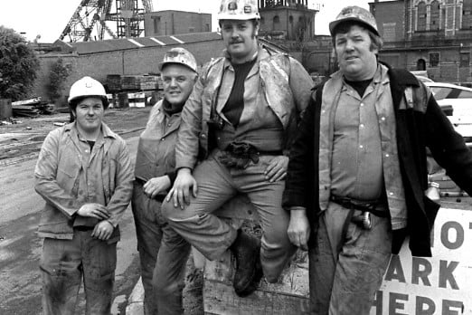 Some of the sixteen miners who entered the cage at Boldon Colliery for the last time in June 1982.