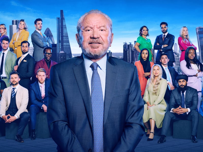 Sir Alan Sugar and the 18 new contestants on The Apprentice.