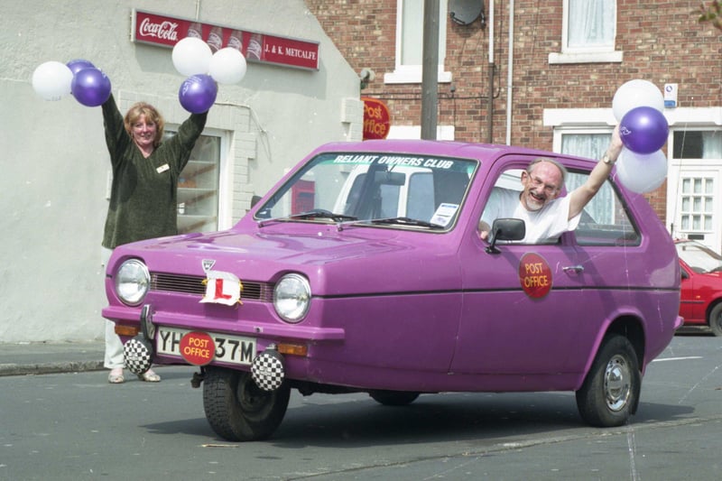 Reliant Robin driver Trevor Lewin, from Philadelphia, was one of a group driving their three-wheelers from Land's End to John O'Groats in 1998.
He was sent on his way by s is sent on his way by Newbottle sub postmistress Jean Metcalfe. 