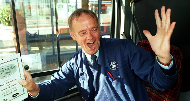 Singing Barnsley bus driver Stuart Hutchinson pictured after winning the South Yorkshire Transport Executive's February Silver Service Award
