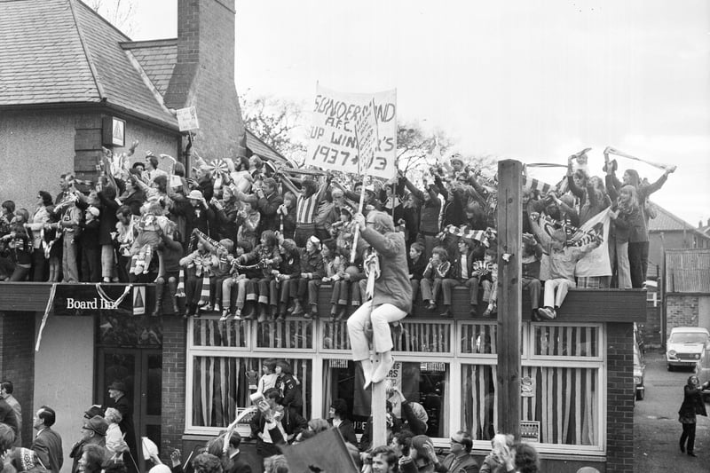 Fans grabbed every vantage point at the pub to watch the 1973 FA Cup homecoming parade.
