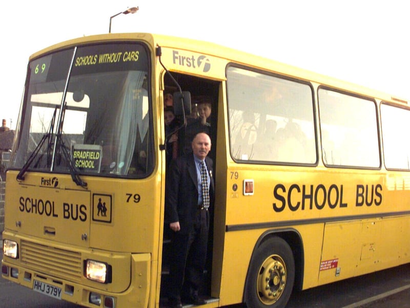 Mainline's new yellow school bus at Uppergate Road, Stannington, with bus driver Derek Izzard ready to take students to Bradfield School