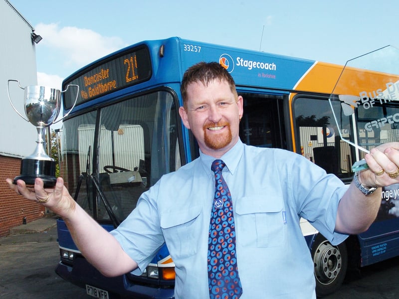 Stagecoach bus driver Gordon Fitzgerald, of Scawthorpe, celebrates after finishing third in a national bus driving competition