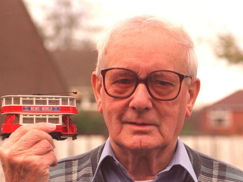 Retired bus/tram and trolley bus driver Stan Frith, of Hexthorpe, with a model of a tram