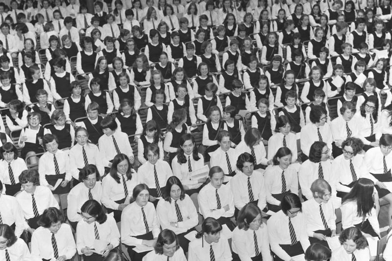 The girls of George Watson's College listen to the Founder's Day speech in March 1969
