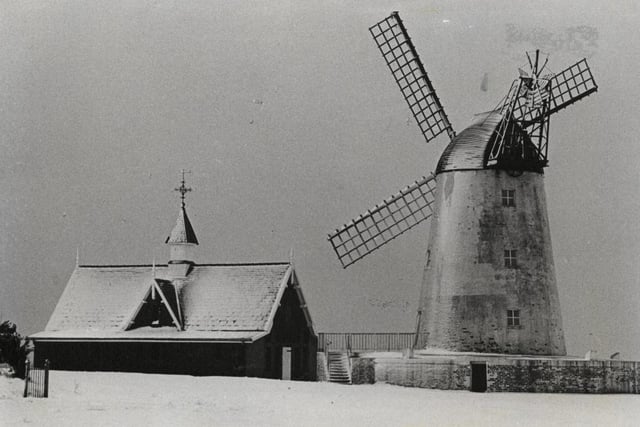 Christmas card scene of Lytham Windmill, January 1986