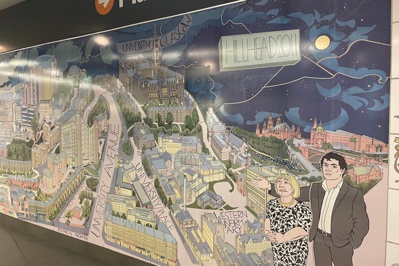 Alasdair Gray  created a 2m x 12m mural for SPT's Hillhead Subway station after being approached to do the work because of his strong links to the Hillhead area and Glasgow's West End.. Speaking about the mural, Gray said: "I have lived and worked in the district since 1969, and I knew I would enjoy depicting it, and those who use the subway, in a symbolic and humorous way."