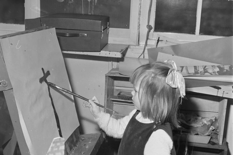 Painting a picture at Albany nursery school in Madeira Street Edinburgh in November 1967