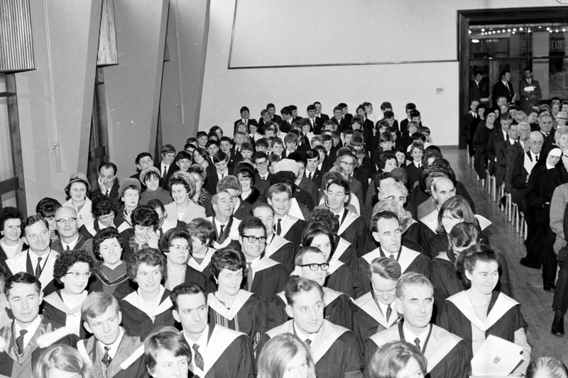 Pupils, teachers and parents in the audience as St David's RC High School in Dalkeith is opened by the Most Reverend Gordon Gray, Archbishop of St Andrews and Edinburgh in October 1967.