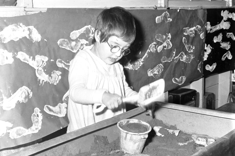 Playing with the sand at Albany nursery school in Madeira Street Edinburgh in November 1967. 