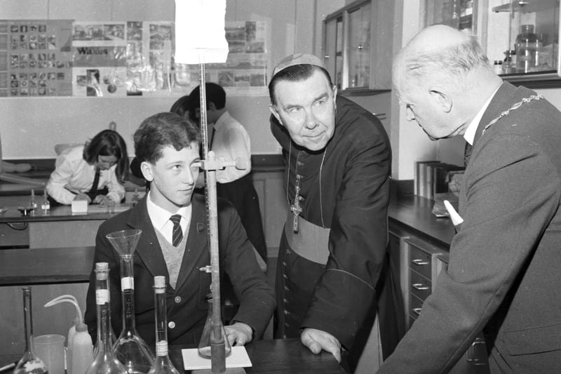 Archbishop Gordon Gray of St Andrews and Edinburgh, later Cardinal Gray visits the chemistry department of St David's RC High School in Dalkeith after officially opening the school in October 1967.