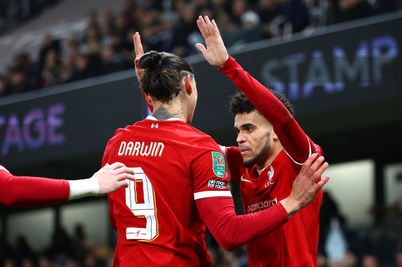  Luis Diaz of Liverpool celebrates scoring his team's first goal with teammate Darwin Nunez during the Carabao Cup Semi Final Second Leg match between Fulham and Liverpool at Craven Cottage on January 24, 2024 in London, England. (Photo by Clive Rose/Getty Images)